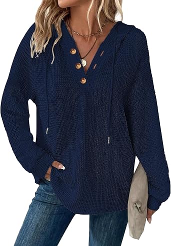 Hoodies for Women Trendy Waffle Knit Henley Button Hooded Oversized Sweatshirt Plain Comfort Hoodie Cute Sweat Shirts