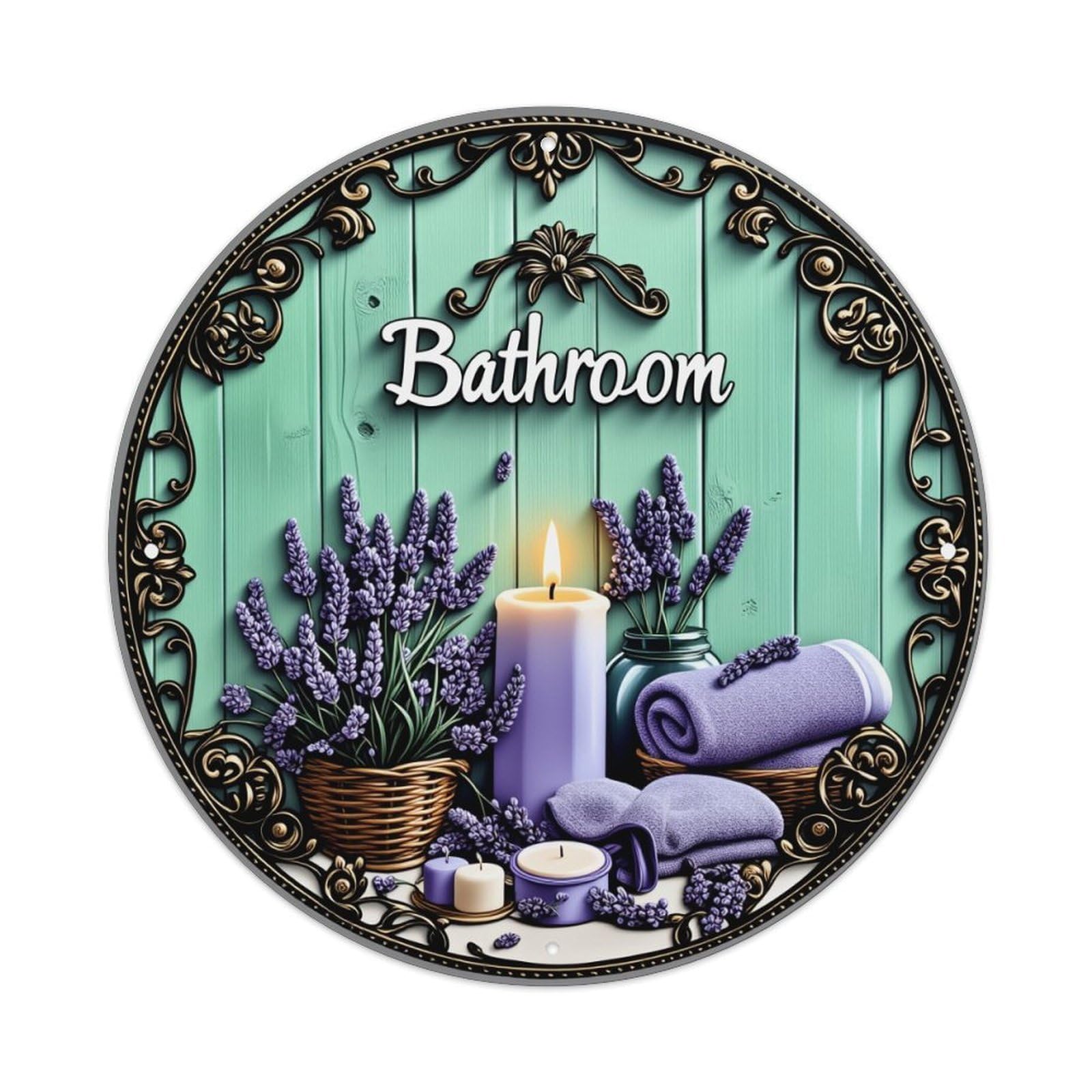 Lavender Candle Towel Wood Round Tin Sign Vintage Metal Poster, Home Bar Garage Man Cave Cafe Indoor & Outdoor Wall Decoration 8x8Inches