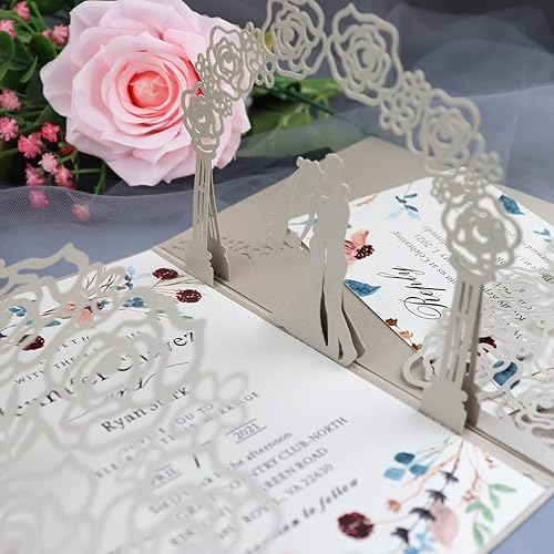 Miniatura 7 de 20 juegos de tarjetas de invitaciones de boda 3D para novia y novio, tarjeta de felicitación de flores huecas, tarjeta de felicitación de flores con