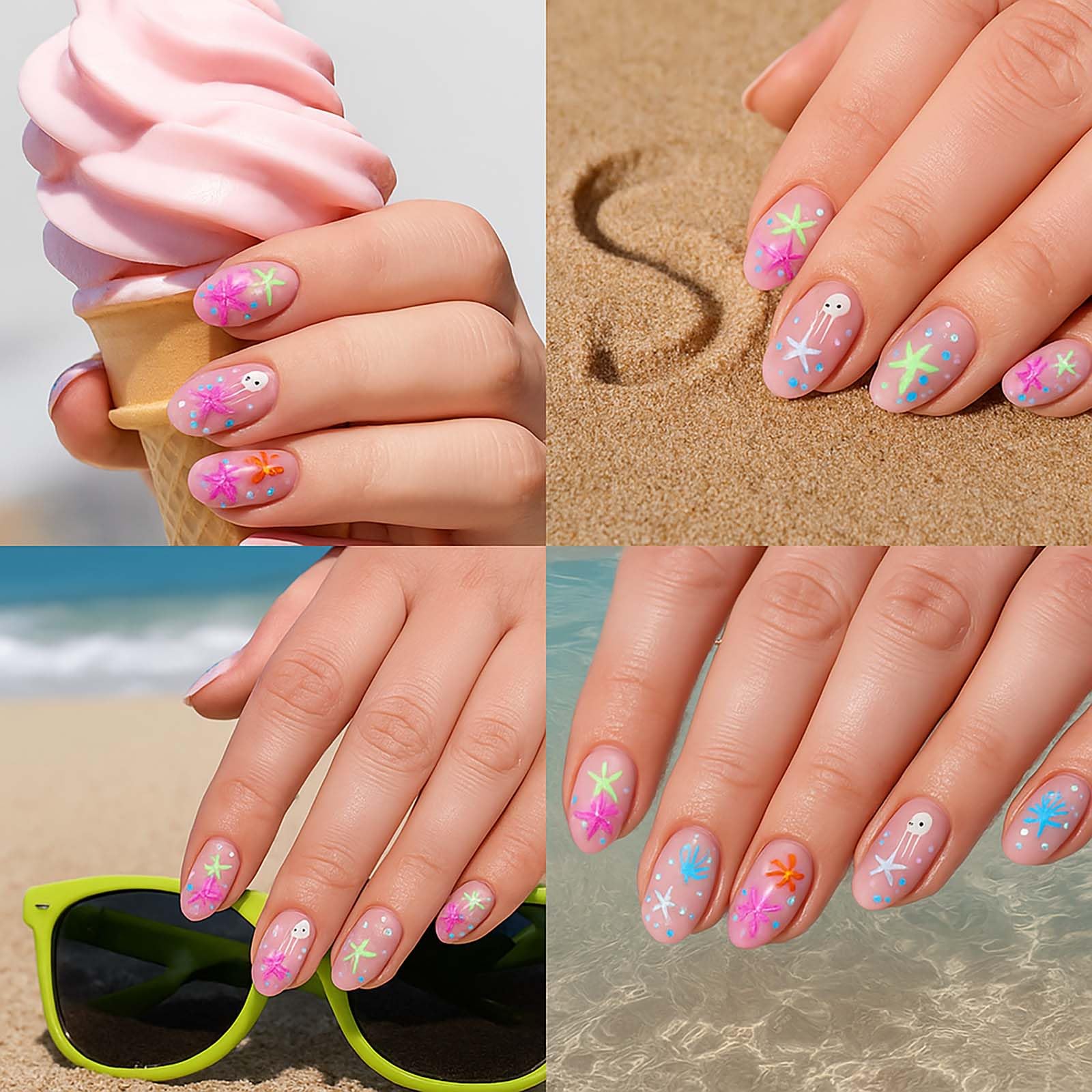 Ocean Starfish Coral Design Press On Nails, 24Pcs Short Glossy False Nails With Unique Marine Patterns - Image 4