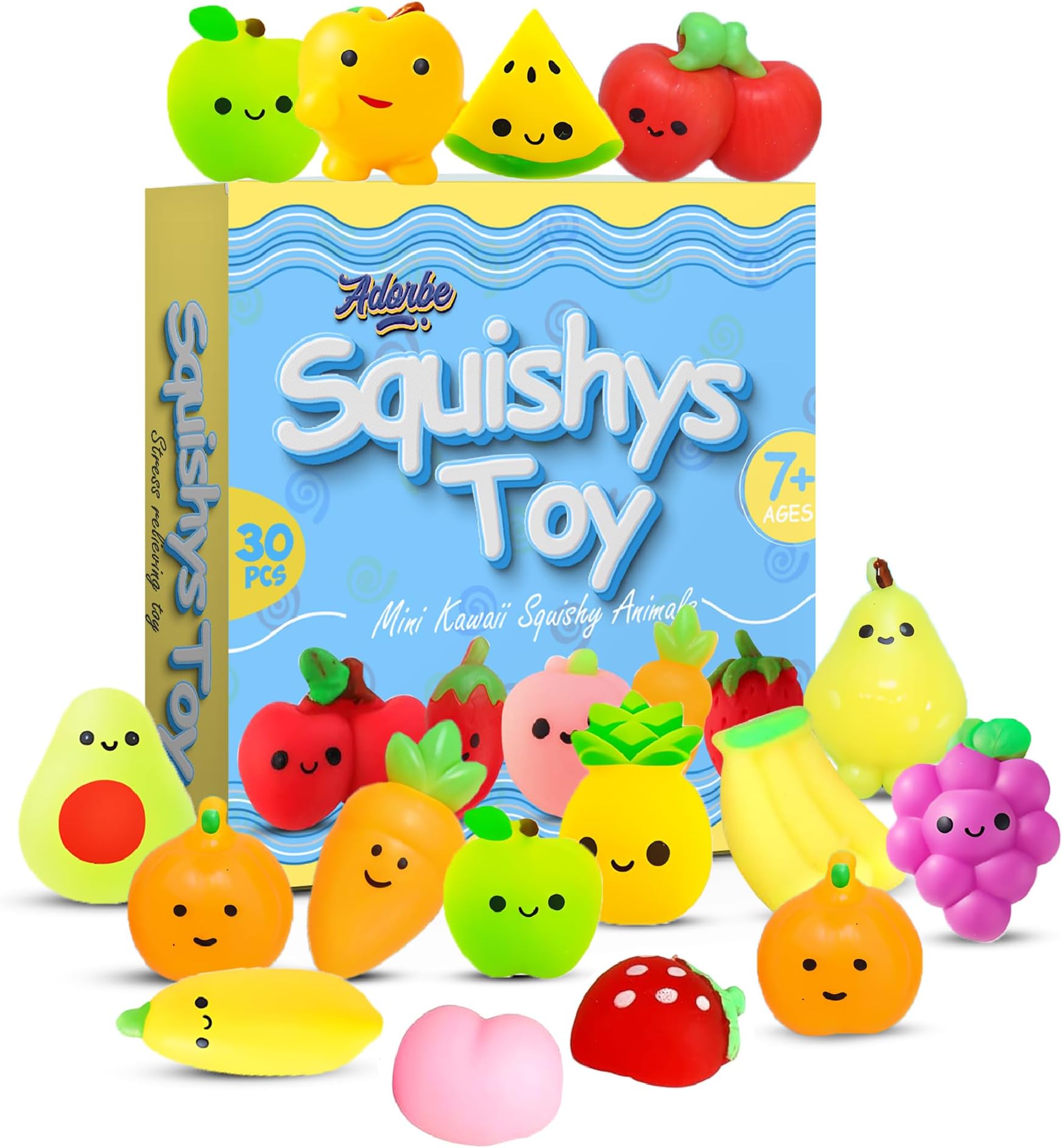 30Pcs Mochi Squishy Toys in Different Shapes | Lightweight | BPA Free | Squeezable | Portable | Washable | For all Ages Stress Relief | Gift Toys (Fruits + Vegies)
