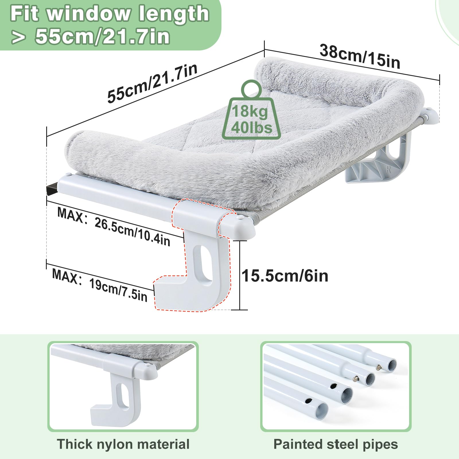 GUUSII HOME Cat Hammock Window Perch Seat Kitten Hanging Bed Windowsill for Indoor Large Pet Shelf Sturdy Kitty Lounger Washable Cushion Easy to Assemble No Drilling Hold 18kg 56 * 38cm(Grey - Image 4