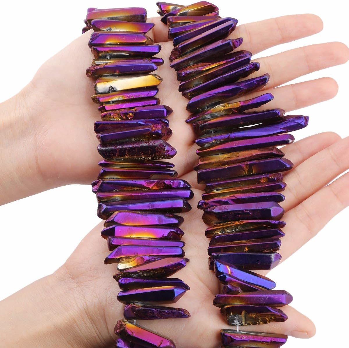 mookaitedecor Titanium Coated Rock Crystal Quartz Crystal Points Loose Beads Sticks Spikes Top Drilled 15 inches Strand