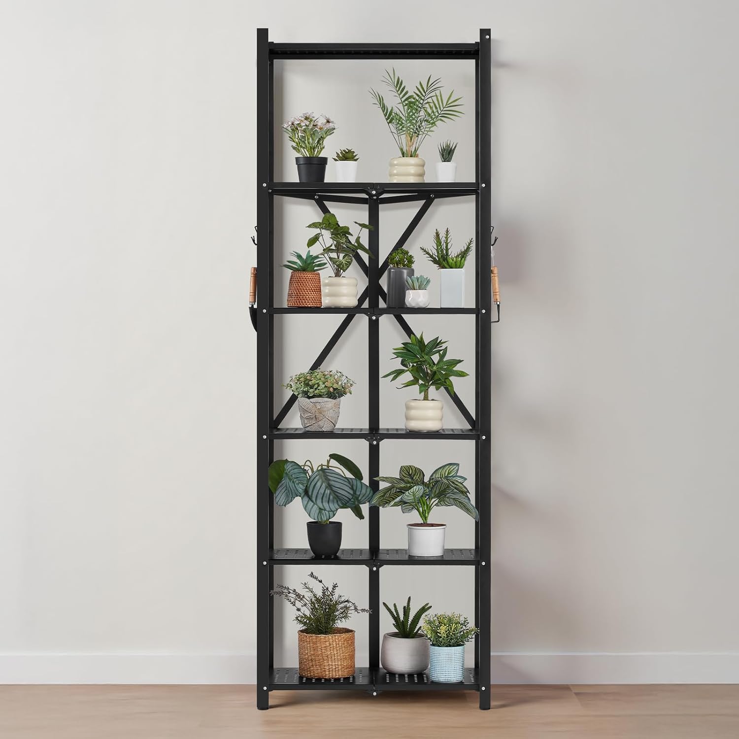 VEVOR 6-Tier Foldable Storage Shelf, 24W x 12D x 72H Inch Folding Metal Rack Shelving Unit, No Assembly Organizer Shelf with 5 Wheels & 4 Hooks for Pantry, Kitchen, Garage, Basement, Black