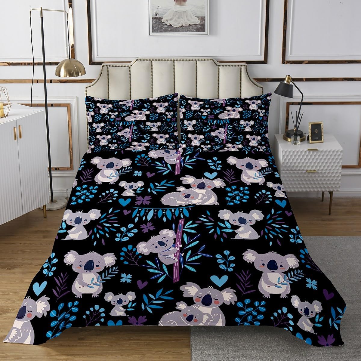 Manfei Kawaii Koala Bedspread Twin Size Bedding for Kids Teens Bedroom Cartoon Animal Decor Coverlet Set Botanical Branches Leaves Quilt Set for All Season,2 Pcs with 1 Pillowcase
