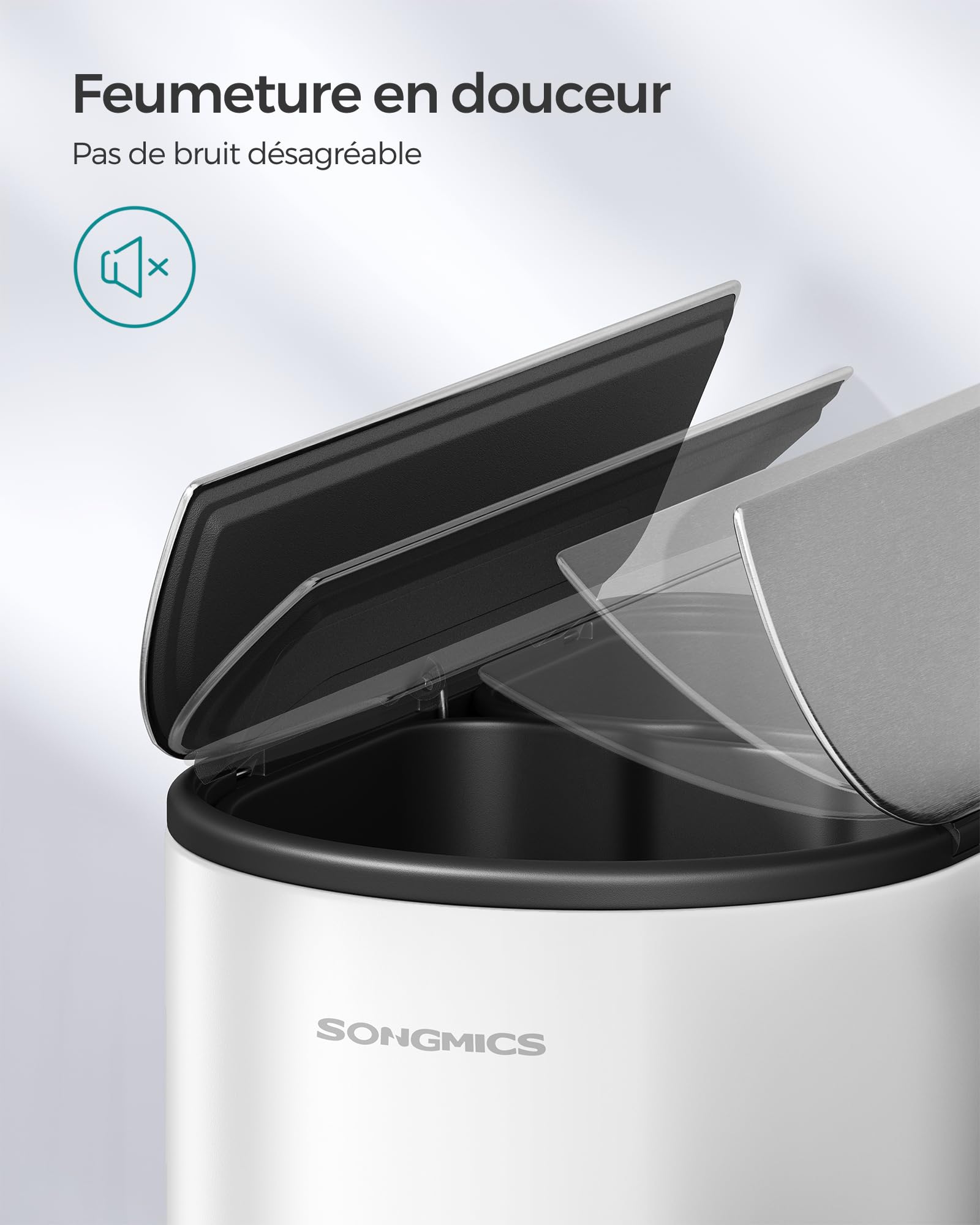 SONGMICS Poubelle de Cuisine Double, 30L et 20L, Poubelle Mince 2 Compartiments pour Tri et Recyclage des Déchets, avec Pédale et Couvercles Ailles, Blanc Nuage et Argent Métallique LTB570W02