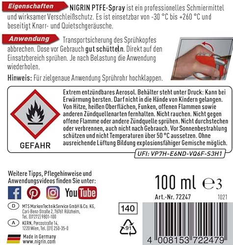 NIGRIN PTFE-Spray, synthetisches Schmiermittel, schützt zuverlässig vor Verschleißerscheinungen, 100 ml