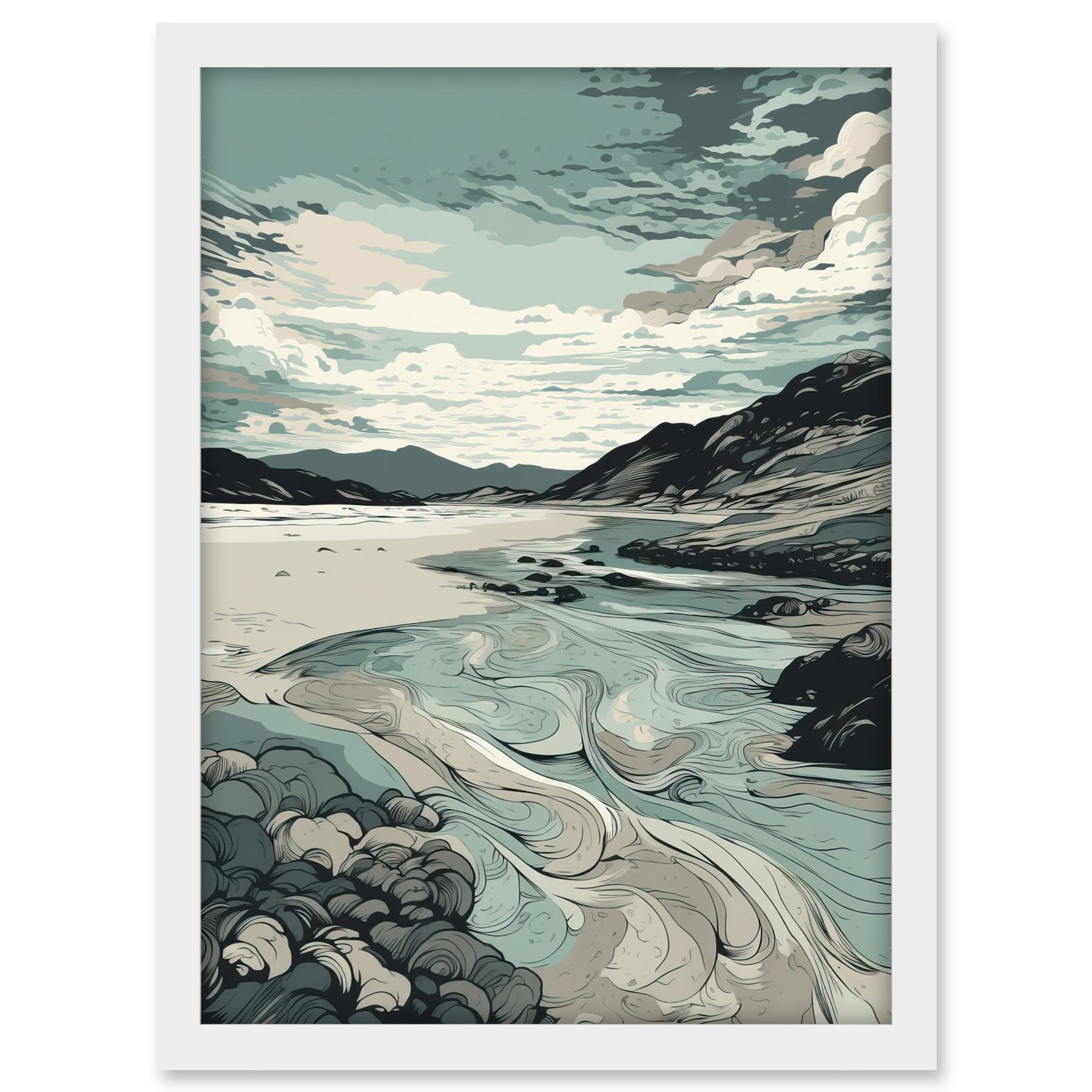 Artery8 Luskentyre Beach Coastal Landscape Illustration Artwork Framed A3 Wall Art Print