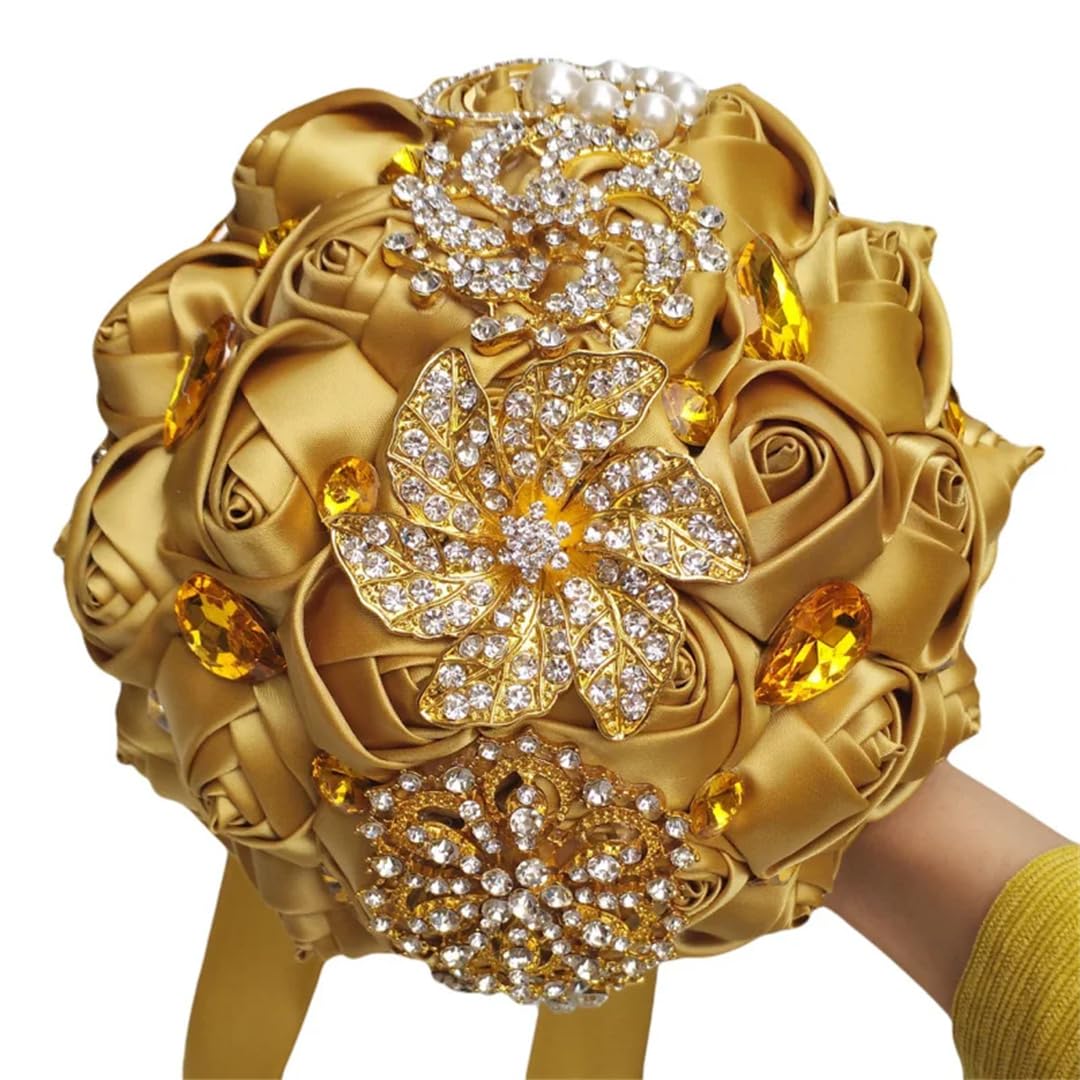 HJRegaFimu Gold Brooch Bridal Hand Holding Flower Bouquets White Crystal Solid Silk Bridesmaid Wedding Bouquet Diameter 15cm