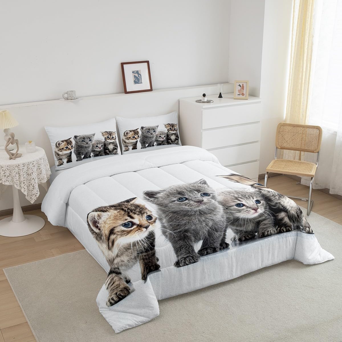 Feelyou Bettwäsche-Set für kleine Katzen, Bettdecken-Set für Katzenliebhaber, Tiermotiv-Design, für Jungen und Mädchen, Kinderzimmer-Dekor, niedliches Kätzchen-Aufdruck, Doppelbettgröße, mit 1
