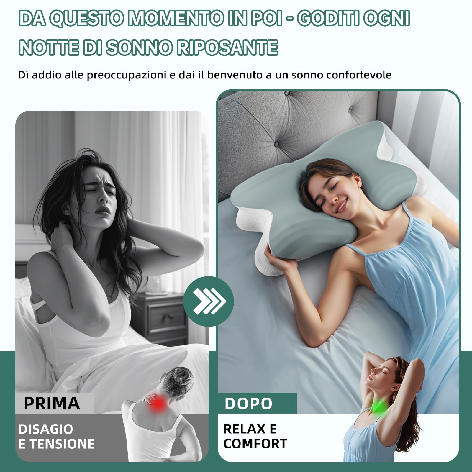 Cuscino Cervicale per Dormire, 2 in 1 Cuscino Cervicale Ortopedico, Cuscino Memory Foam, Cuscini Ergonomico Cervicale per Dormitori Laterali, Supini e Proni 62cm x 42cm x 13/11cm grigio chiaro