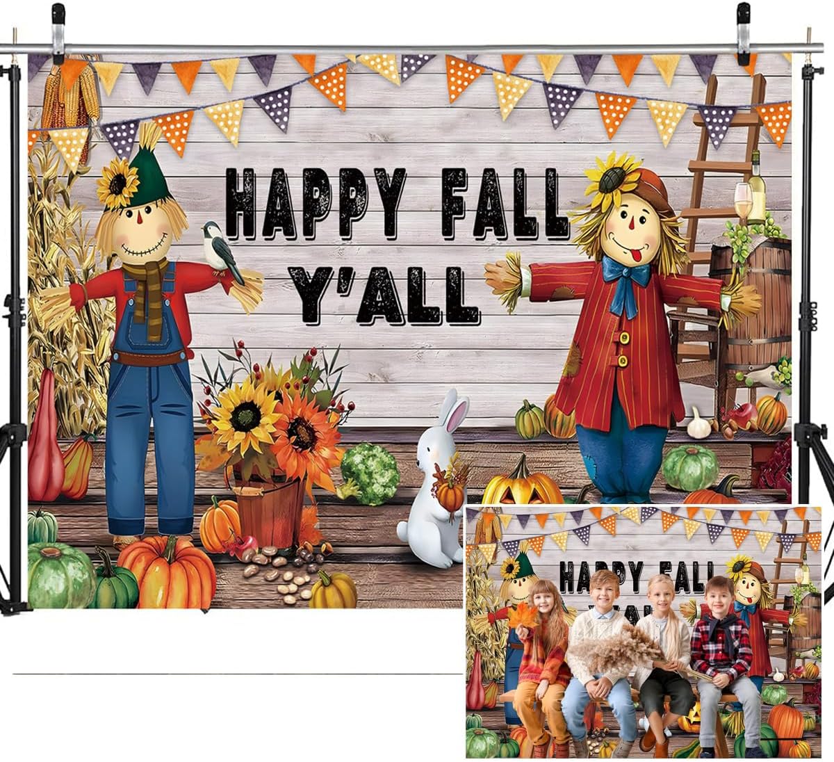 10X8FT Autumn Happy Background Fall Pumpkin Scarecrow Wooden Photography Background Autumn Party Decoration Banner DH-903