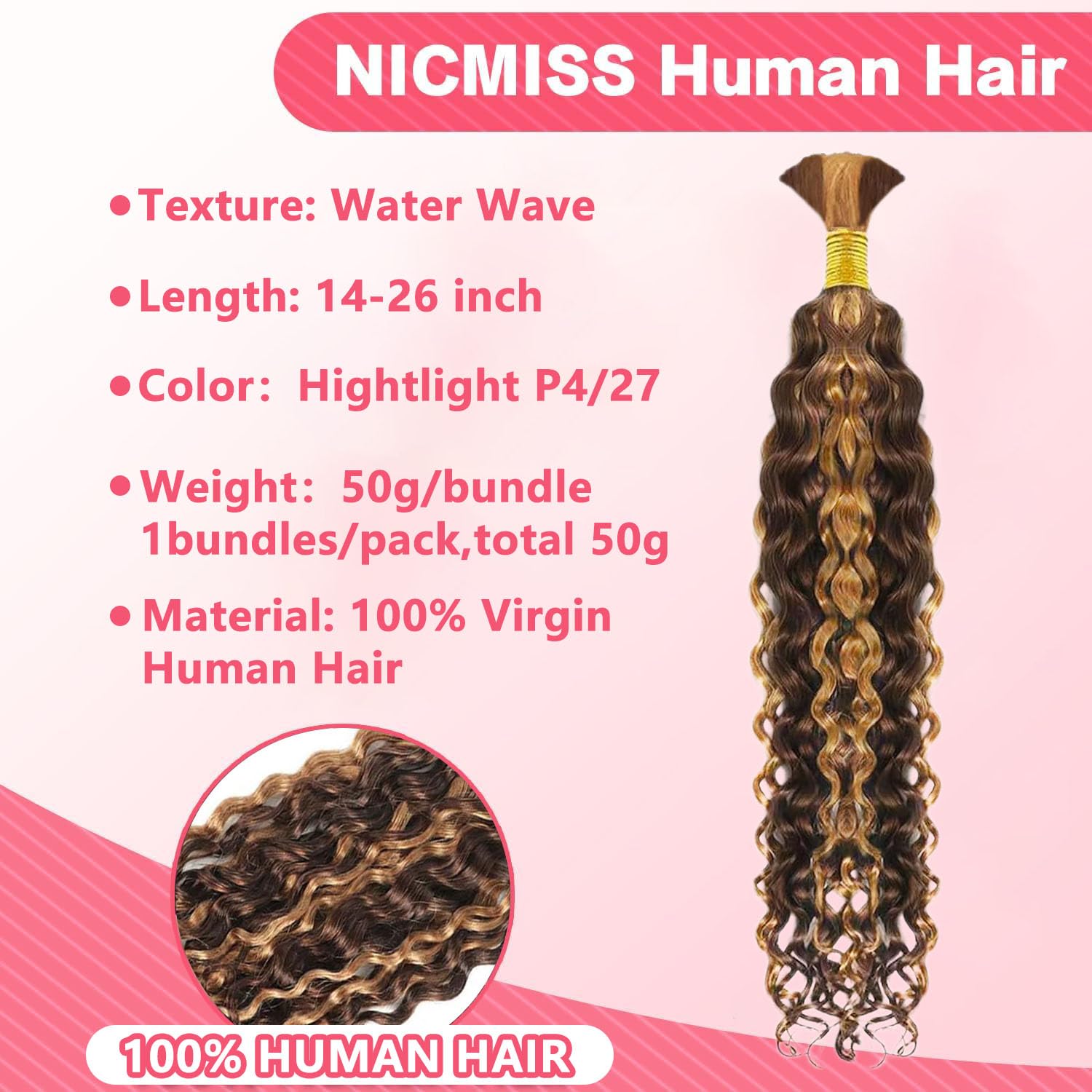 Highlight P4/27 Human Braiding Hair 1 Bundle Water Wave Bulk Human Hair for Braiding 100% Unprocessed Brazilian Human Hair No Weft Human Hair Extensions for Boho Braids (20 inch/50g) - Image 3