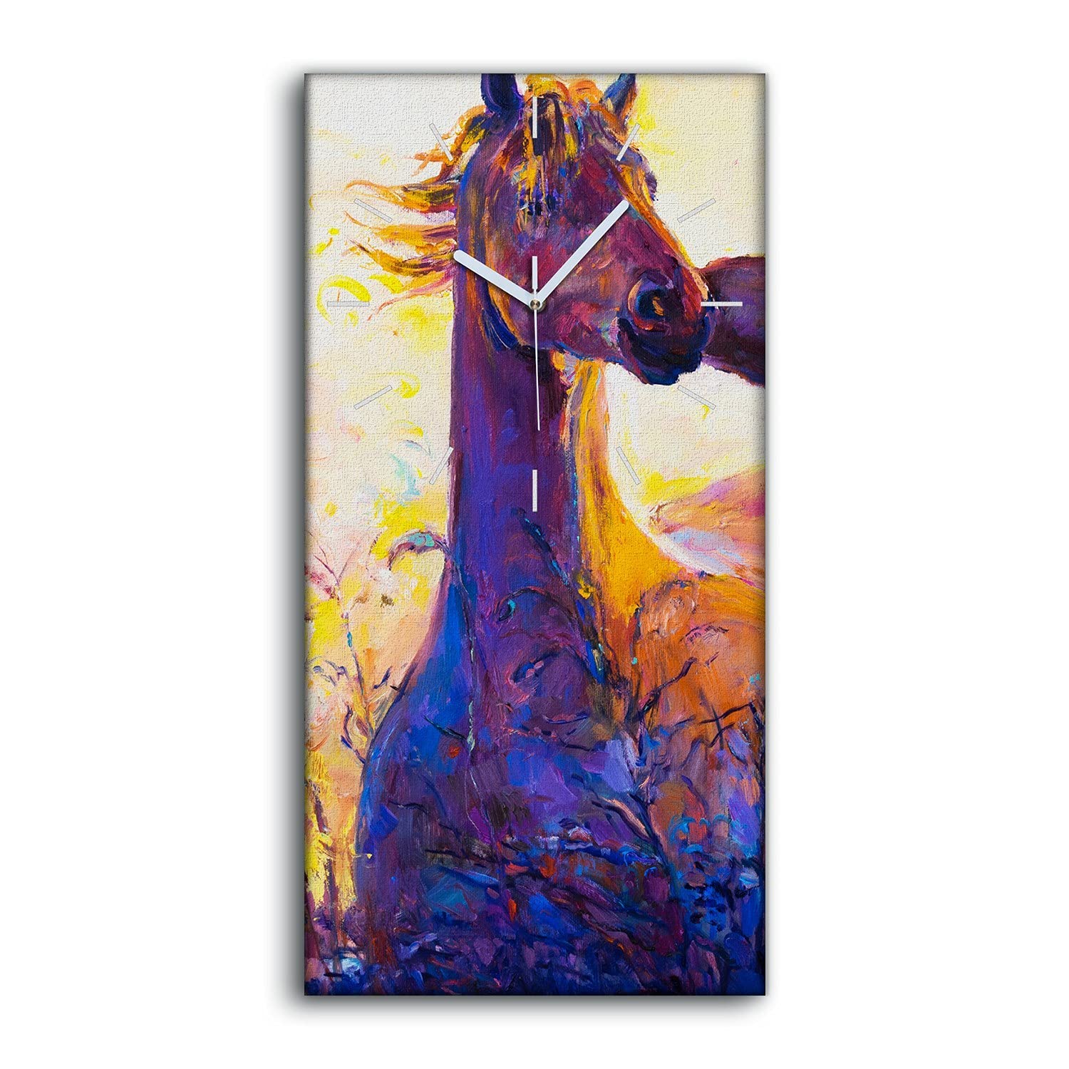Horloge sur Toile Cheval Coloré Décoration Art Mural Salon Moderne Silence 30x60cm