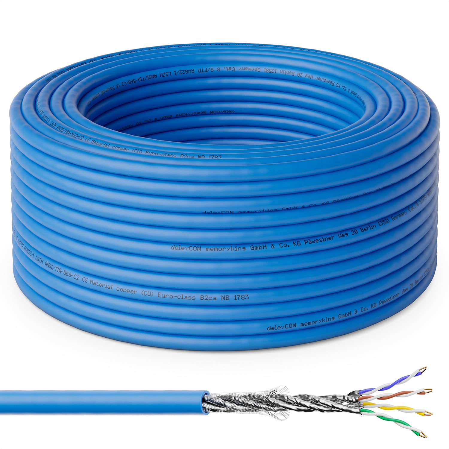 deleyCON 20m CAT 8 Cable Instalación Cobre (CU) Rígido S/FTP PIMF Blindaje 40Gbps 2000MHz AWG22 Cable Red LAN Ethernet Datos LSZH Libre Halógenos BauPVO B2ca - Azul