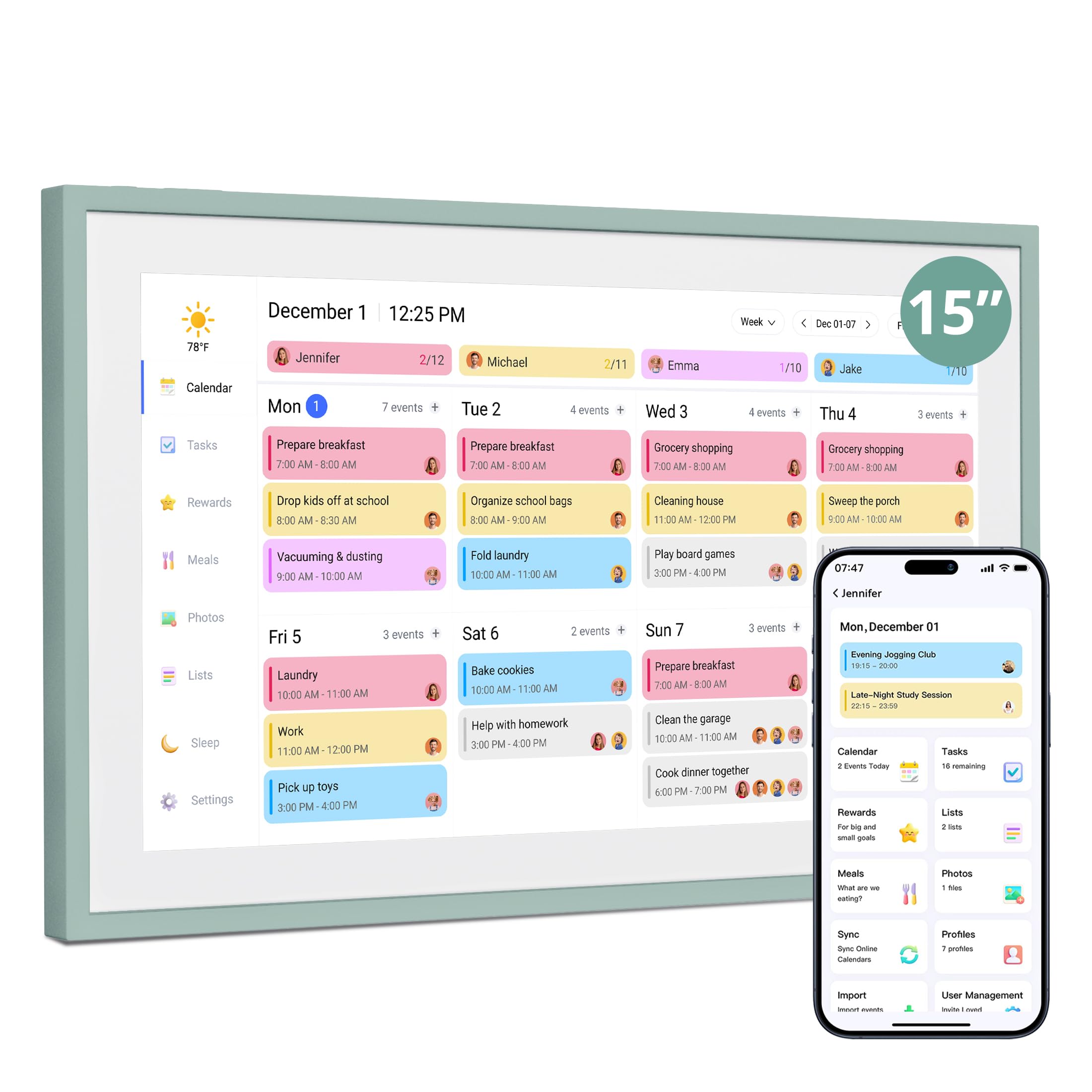 Dragon Touch Calendario digital de pared de 15,6 pulgadas, 1920 x 1080 FHD, Planificador de calendario electrónico con 32GB, Calendario de Escritorio inteligente con Pantalla táctil, Gris Verde