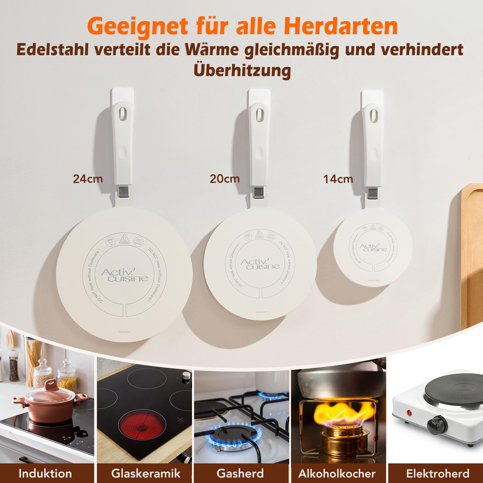 ACTIV CUISINE Induktion Adapterplatte 24 cm Induktionsadapterplatte mit abnehmbarem Griff Moka Induktionskochteller Adapter Edelstahl für die Verwendung von Kochgschirr auf Induktion, Weiß