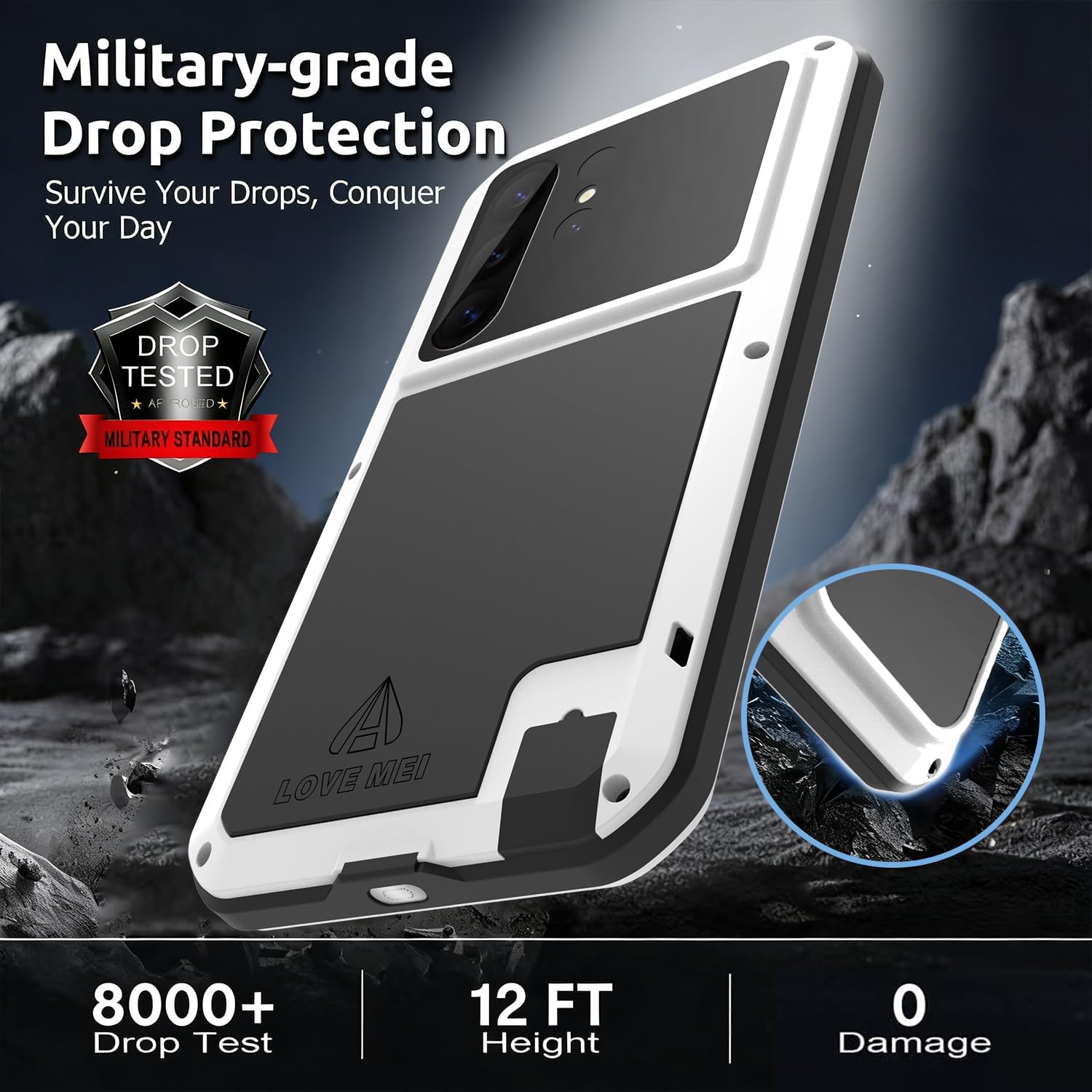 LOVE MEI Military Rugged Case for Samsung Galaxy S26 Ultra, with Tempered Glass Screen Protector, Shockproof Dustproof Scratch Proof Hybrid Metal and Silicone Gel Heavy Duty Full Body Cover (Silver)