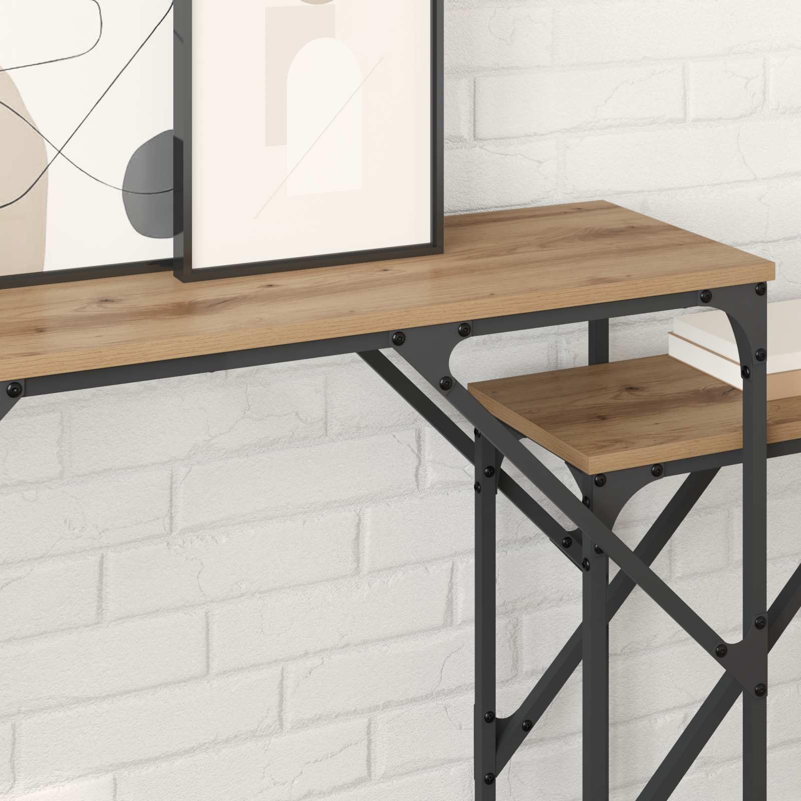 Konsola z drewna konstrukcyjnego z czarną metalową ramą, 2 szt., 100 x 28 x 75 cm, nowoczesny design do salonu lub przedpokoju