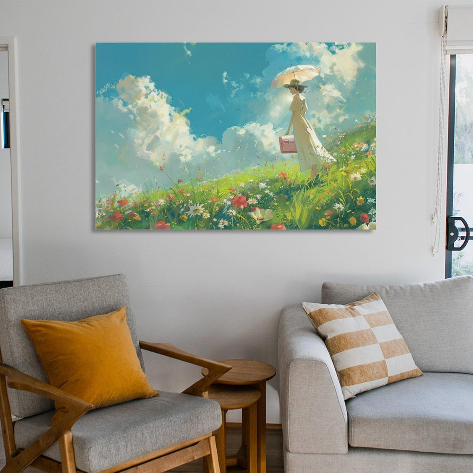 Amazon.co.jp: 絵画 花畑の景色を眺める白いドレスの女性 アートパネル 