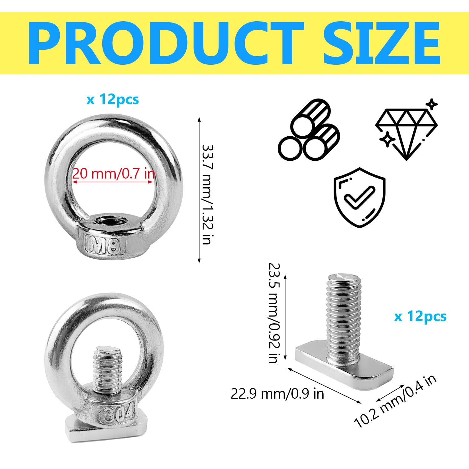 12 Pezzi Set Golfari, Dado ad Occhiello M8 in Acciaio Inossidabile + Vite Con Testa a Martello, Utilizzato per Serrare e Sostenere Oggetti, Collegare Facilmente le Corde (Argento)