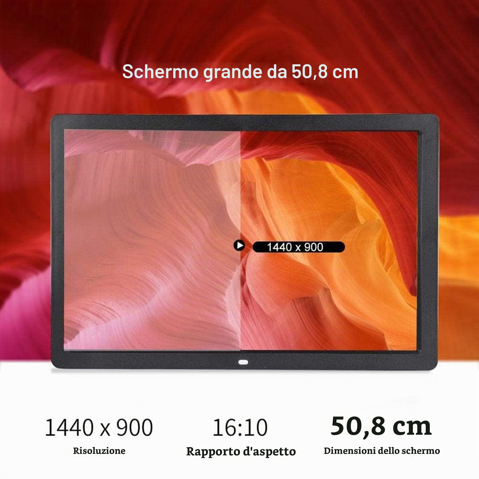 Cornice Fotografica Digitale IPS Da 20 Pollici 1440 X 900 Con Telecomando E Sensore Di Movimento Luminosità Regolabile On/Off Sincronizzazione Musica Di Sottofondo Supporto,Nero