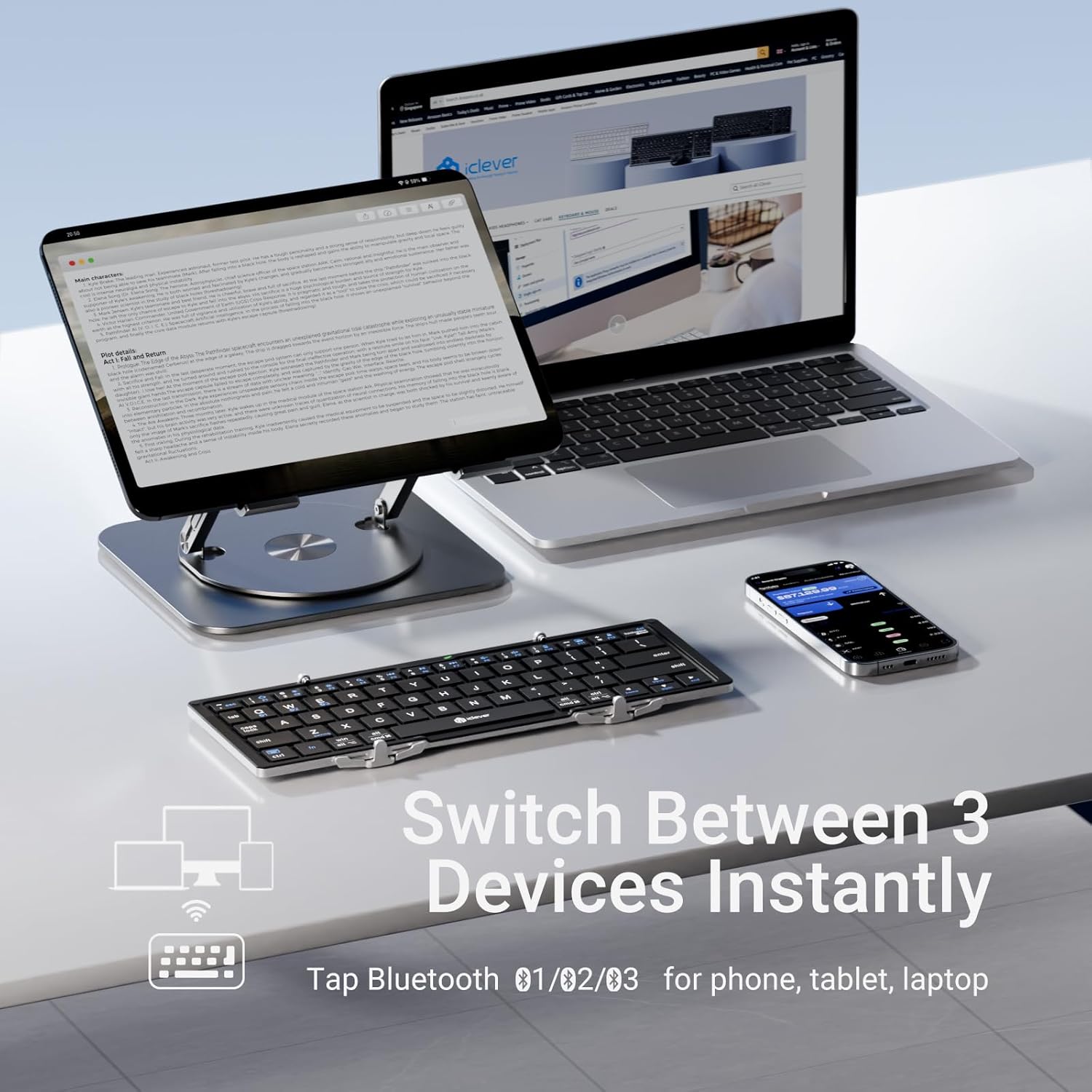 iClever Foldable Bluetooth Keyboard, Ultra-Slim Metal Keyboard with USB-C Charging, Tri-Folding Design for Laptop, iPad, iPhone, Tablet - Sync 3 Devices, Portable & Space-Saving - Image 6