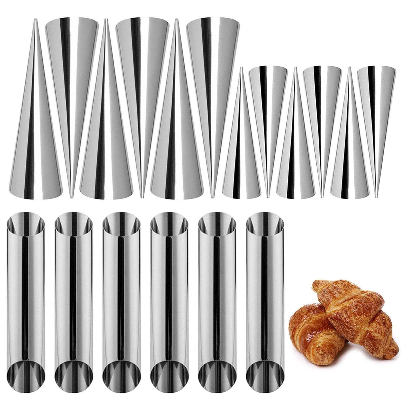 HwtcjxPack of 18 Stainless Steel Foam Roll Mould, Cannoli Baking Mould, Cannoli Mould, Tubes, Cream Roll Mould, Screw Mould, Croissant Mould, Cone Shape for Cannoli Tubes, Croissant, Baking Moulds