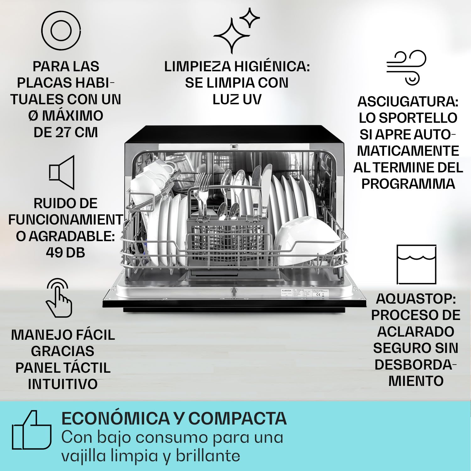 Klarstein Lavavajillas Sobremesa Pequeño, Mini Lavavajillas 8 Cubiertos, Lavavajillas Portatil Encimera Silencioso, Lavaplatos con 6 Programas de Lavado, Lavavajillas Compacto para Casa y Oficina