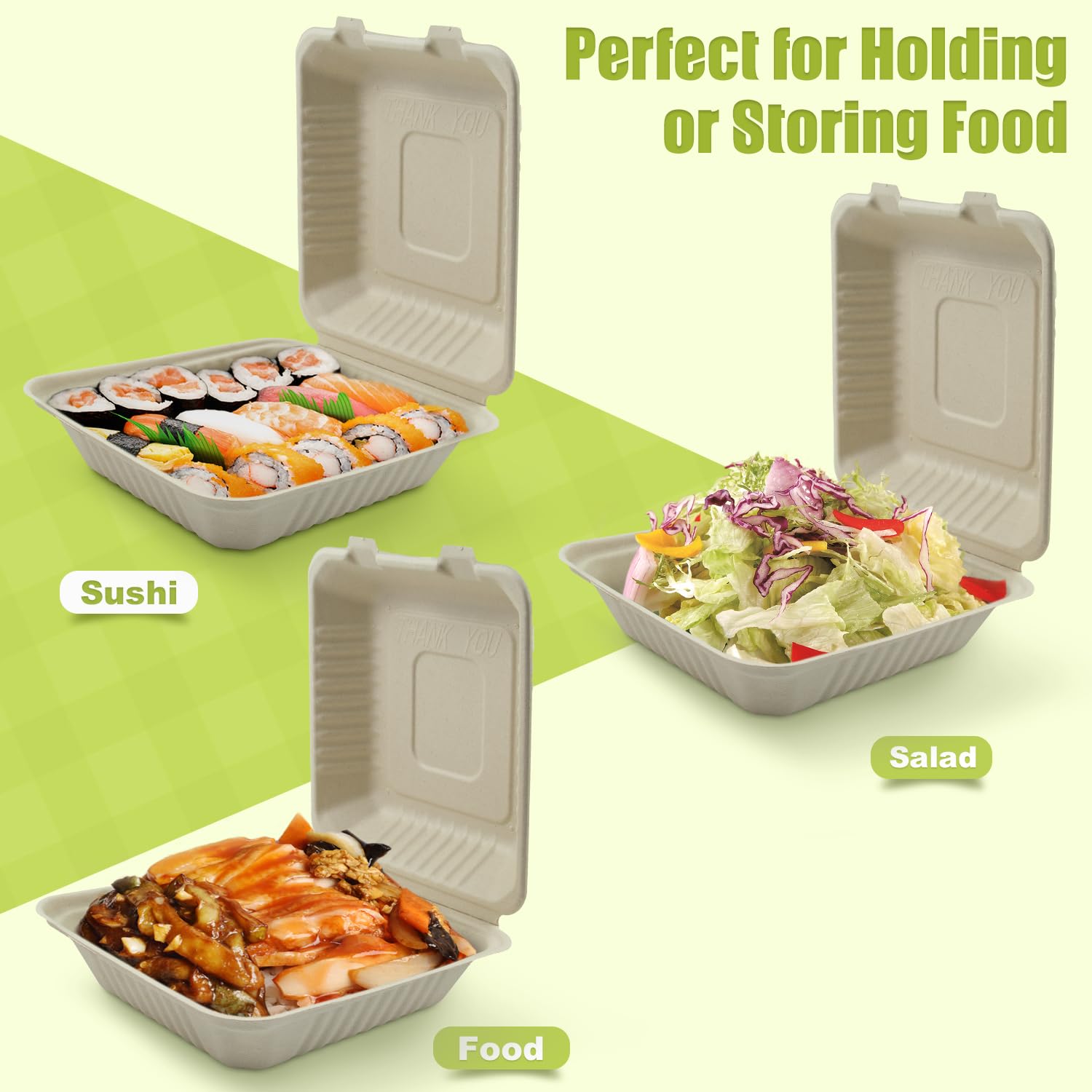 Green Earth, Cajas de comida para llevar de 8 pulgadas, 50 unidades, 1 compartimento, cubierta compostable, utensilios BAM (fibra de bambú), recipientes biodegradables, tapa con bisagras, apto para