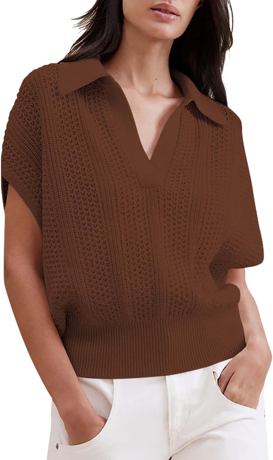Cakulo Womens Short Sleeve Sweaters Tops Spring Summer 2026 Polo V Neck Collared Crochet Knit Vacation Casual Work Top - Image 7