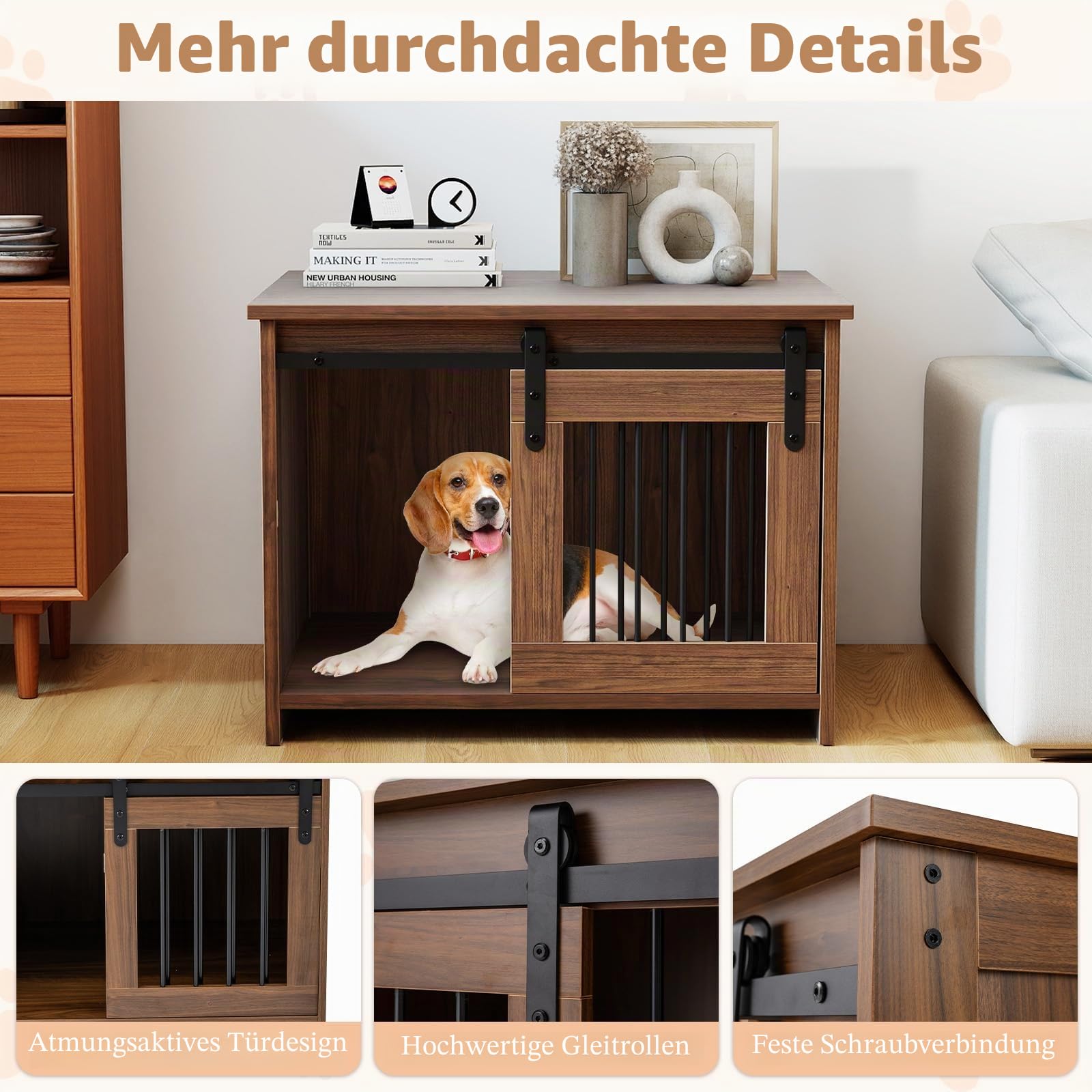 FANTASK Hundekäfig-Möbel, Hundekiste aus Metall Holz mit Schiebetür, Hundebox Indoor für kleine & mittelgroße Hunde, 80 x 60 x 60 cm (Braun)