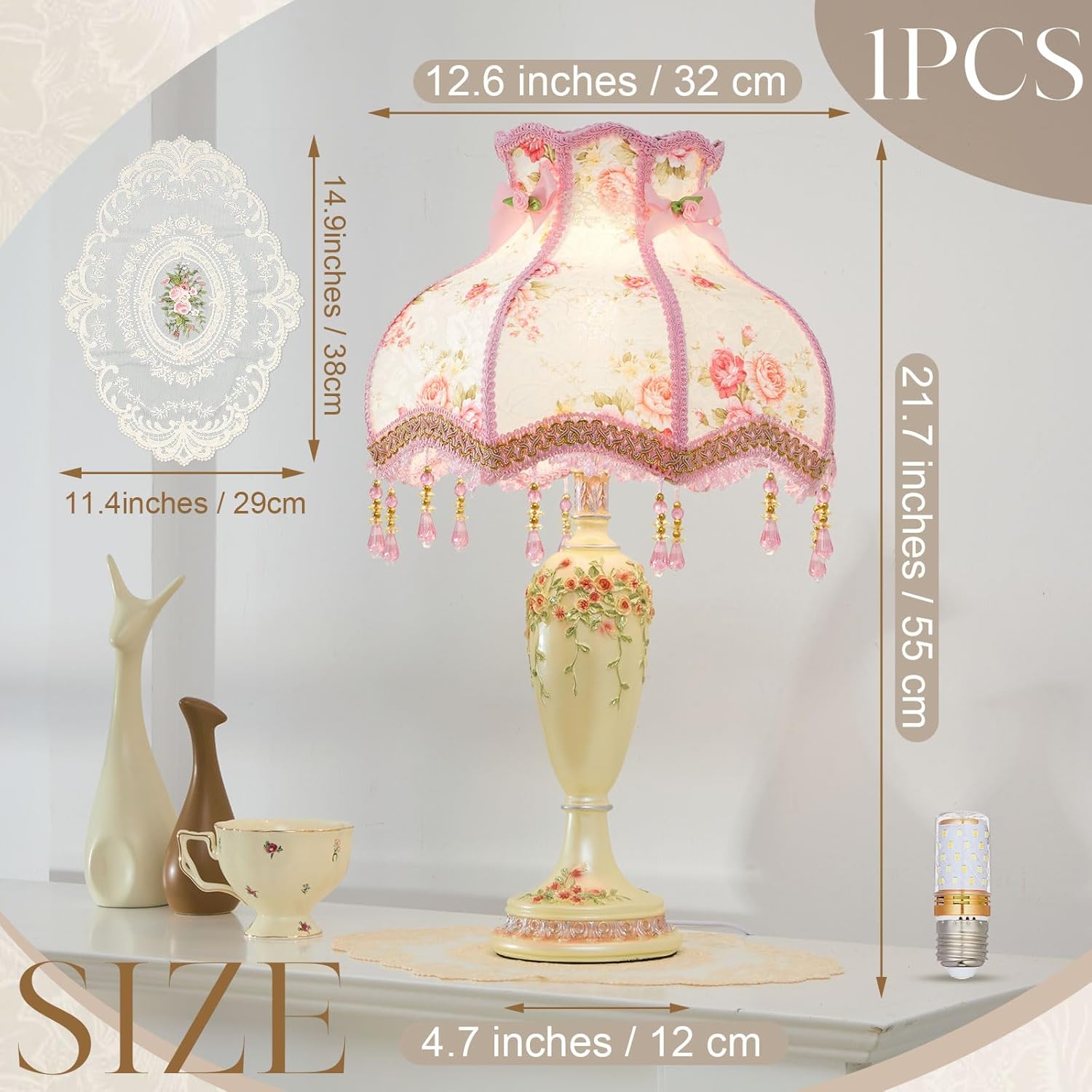 retisee victorian flower table lamp floral coquette lamp with vintage lace placemat fabric lampshade beaded fringe antique lovely decorative bedside night light for bedroom nightstand(pink victorian)