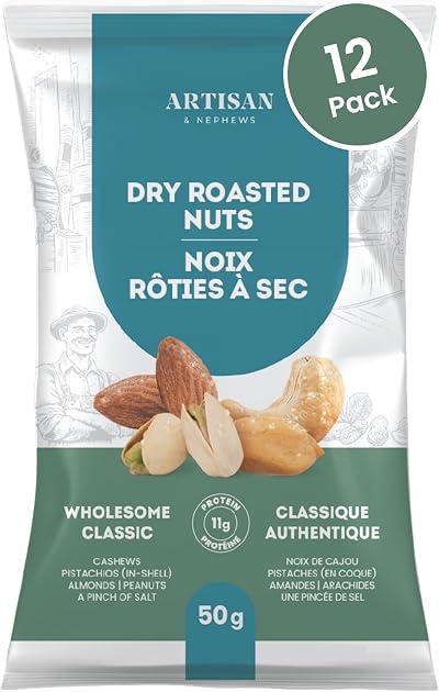 Wholesome Classic (B3) - 12 Pack - DRY ROASTED NUTS (Cashews, Almonds, Pistachios, Peanuts). Crunchy, Convenient, Portable, and Just the Right Size. Snacks by ARTISAN & NEPHEWS, proudly Canadian.