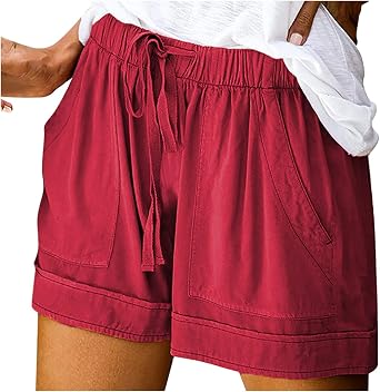 Women Comfy Drawstring Casual Elastic Waist Pure Color Shorts Summer Beach Lightweight Short Pants with Pockets