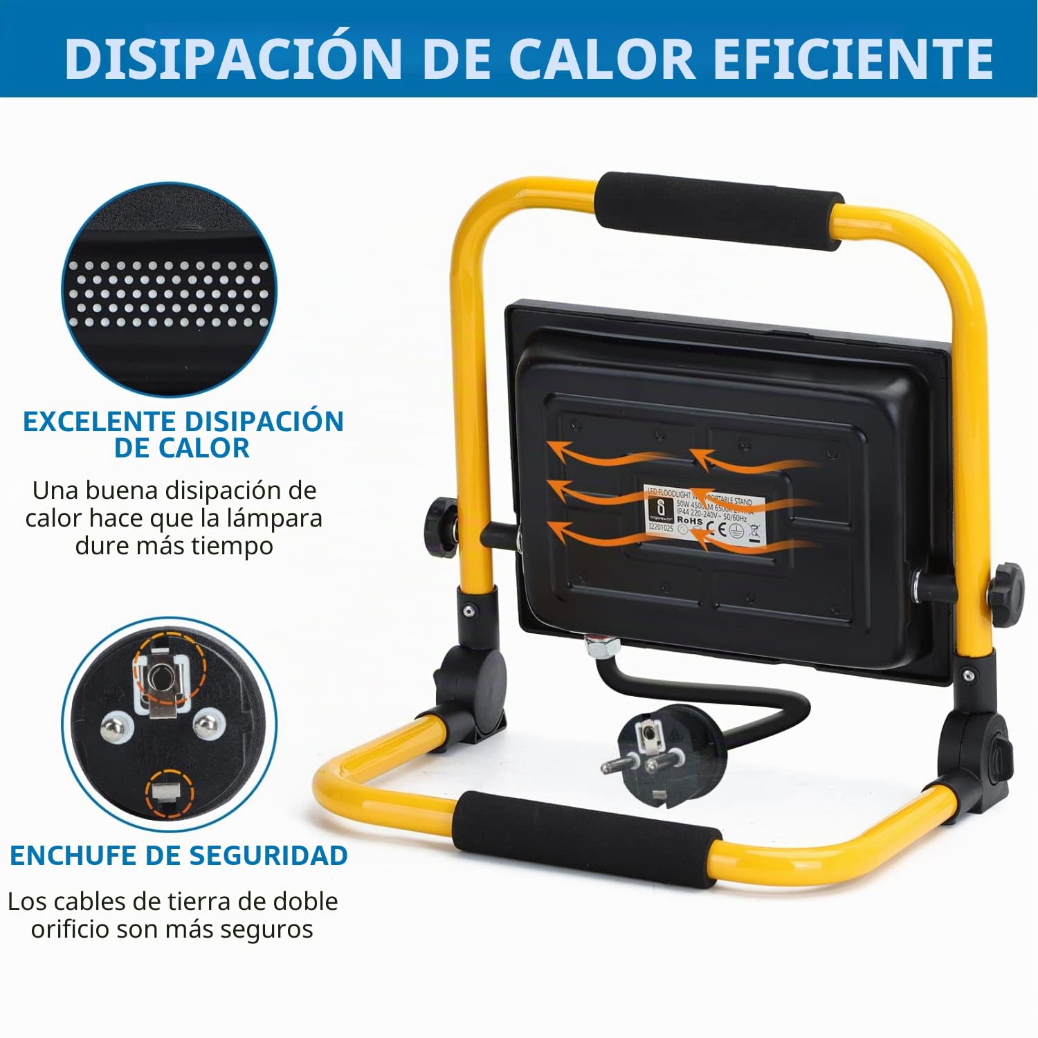 Aigostar Foco de Trabajo LED 50W,4480LM,Foco LED Portátil con Giratorio 360º,Impermeable,Soporte plegable,para Uso en Interiores y Exteriores,para Obra, Taller, Garaje,6500K Luz Blanca,2 piezas