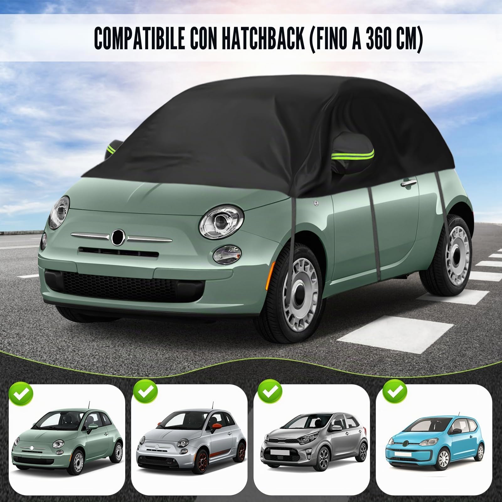 Telo Copriauto per Hatchback Universale 300*150*49cm, Copriauto Protettivo per Tetto Morbido Impermeabile Sostitutivo per Fiat 500/Abarth 595, per Up/Seat MII, per Picanto/Citroen C1, Mezzo Garage