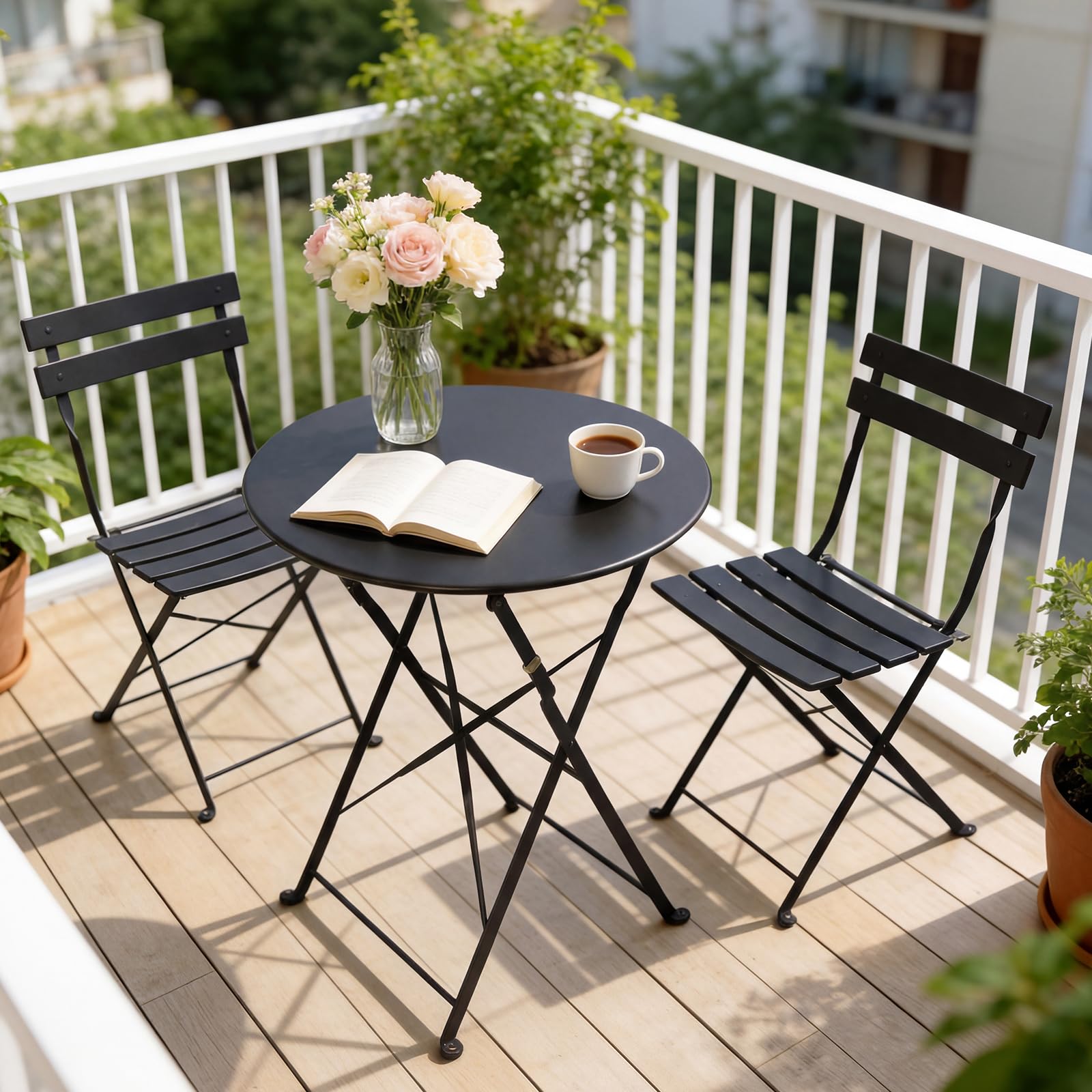 Grand patio Set Bistrò Veranda, 1 Tavolo e 2 Sedie, Ripiegabile, Set da Balcone, Struttura in Metallo, salvaspazio, Set arredo Giardino per Balcone, Esterno (Nero)