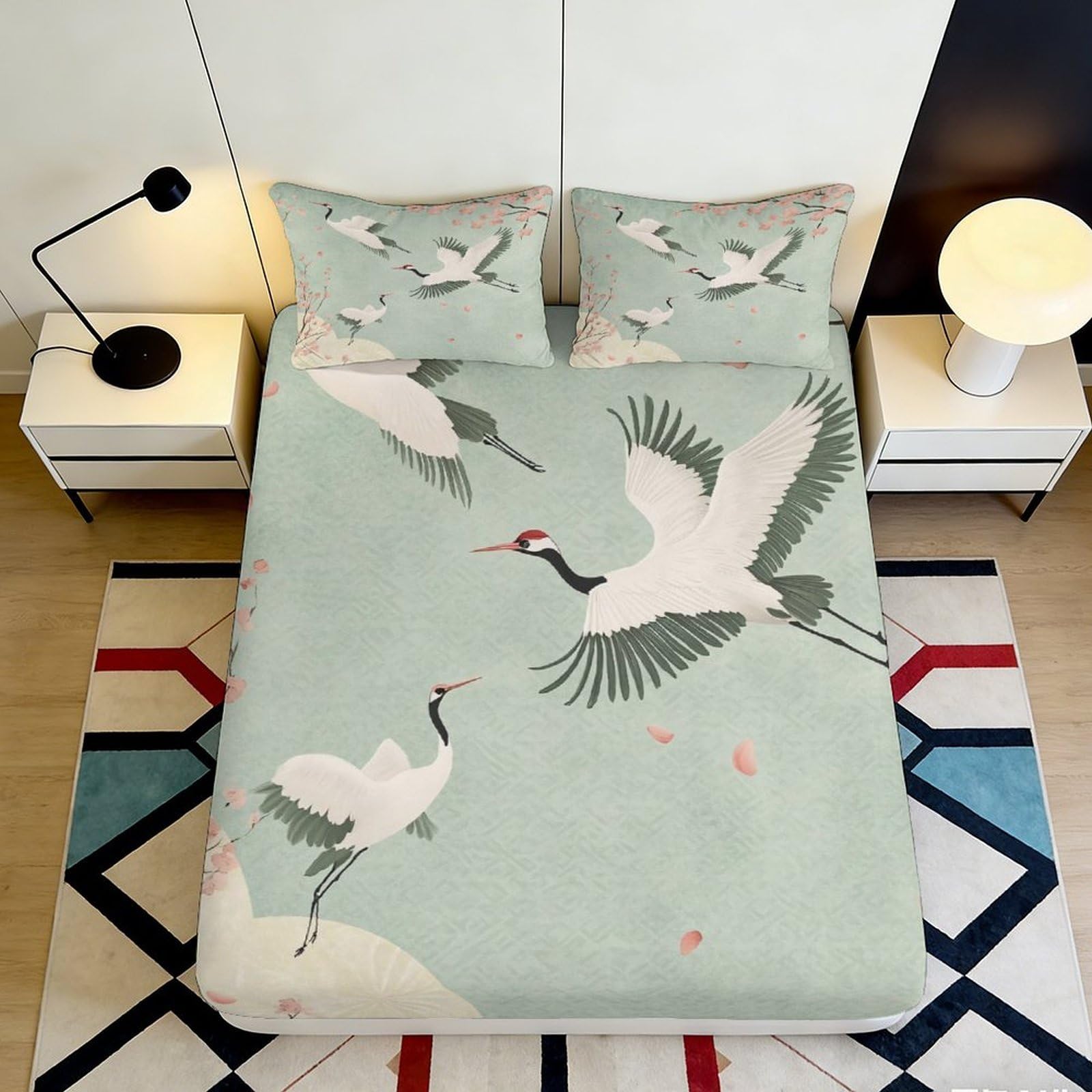 Pnayamiorkfel Style-2 3D Printed Crane Blossom Fitted Sheet Microfiber Soft Breathable Sakura Bird Mattress Cover For Bedroom Dorm Decoration 90X200x25cm