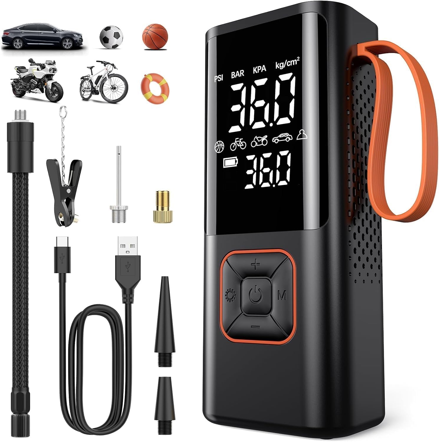 Gonfiatore elettrico per pneumatici auto 5 modalità, 7500 mAh, 150 psi, per auto, moto, scooter, bicicletta, palloni