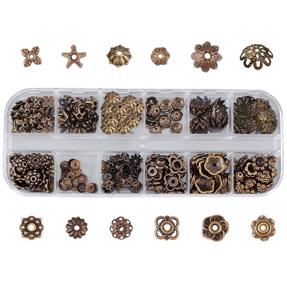 SUNNYCLUE 1 Box 240Pcs 12 Styles Spacer Beads Caps Bulk Vintage Style Antique Bronze Flower Bead Caps Alloy Metal Flower Loose Spacers for Jewelry Making End Findings Assortment Fixed Mixed