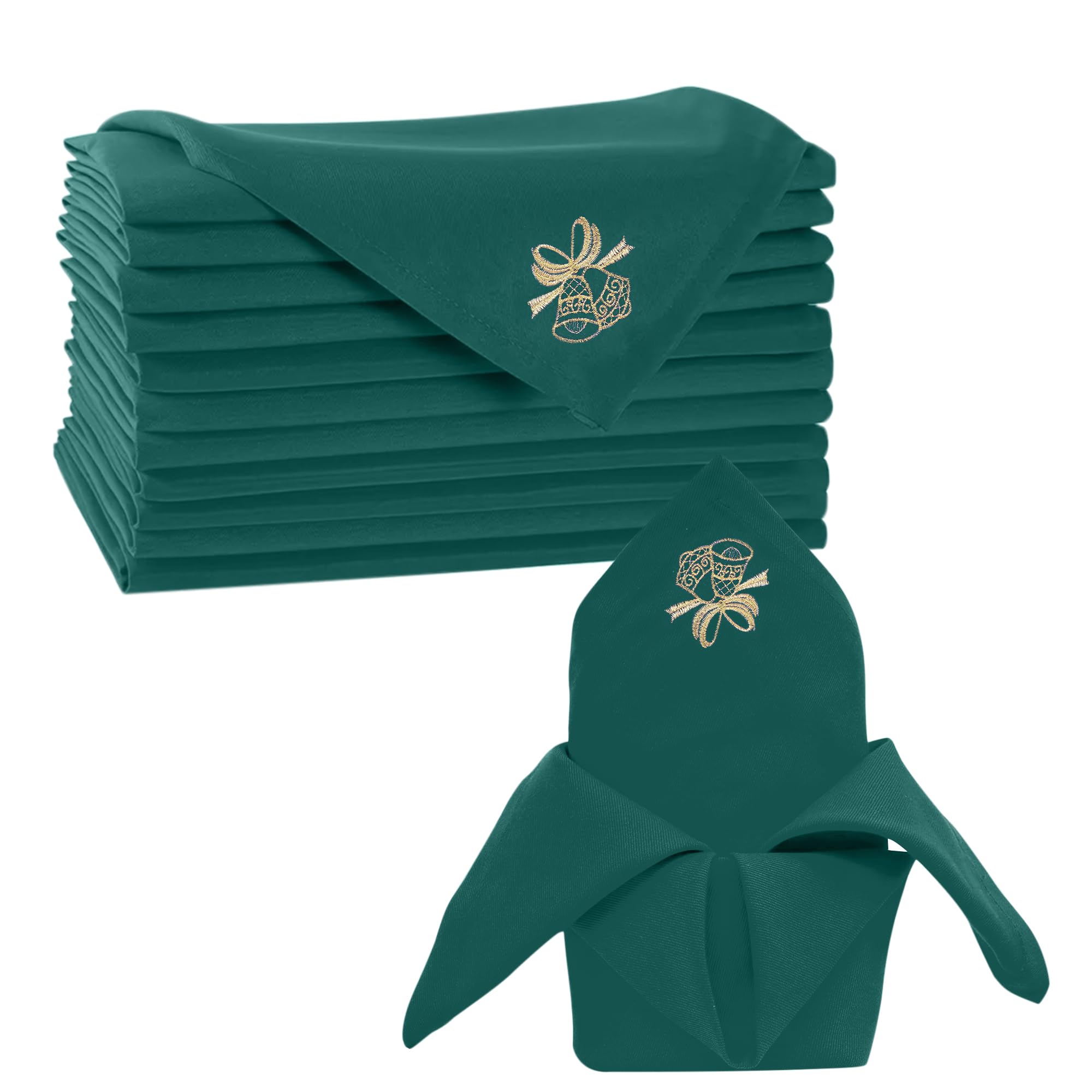 Trimming Shop Lot de 20 serviettes de table de Noël vertes avec broderie festive en polyester filé, 50,8 x 50,8 cm, résistantes aux taches, réutilisables, pour décoration de vacances et fêtes