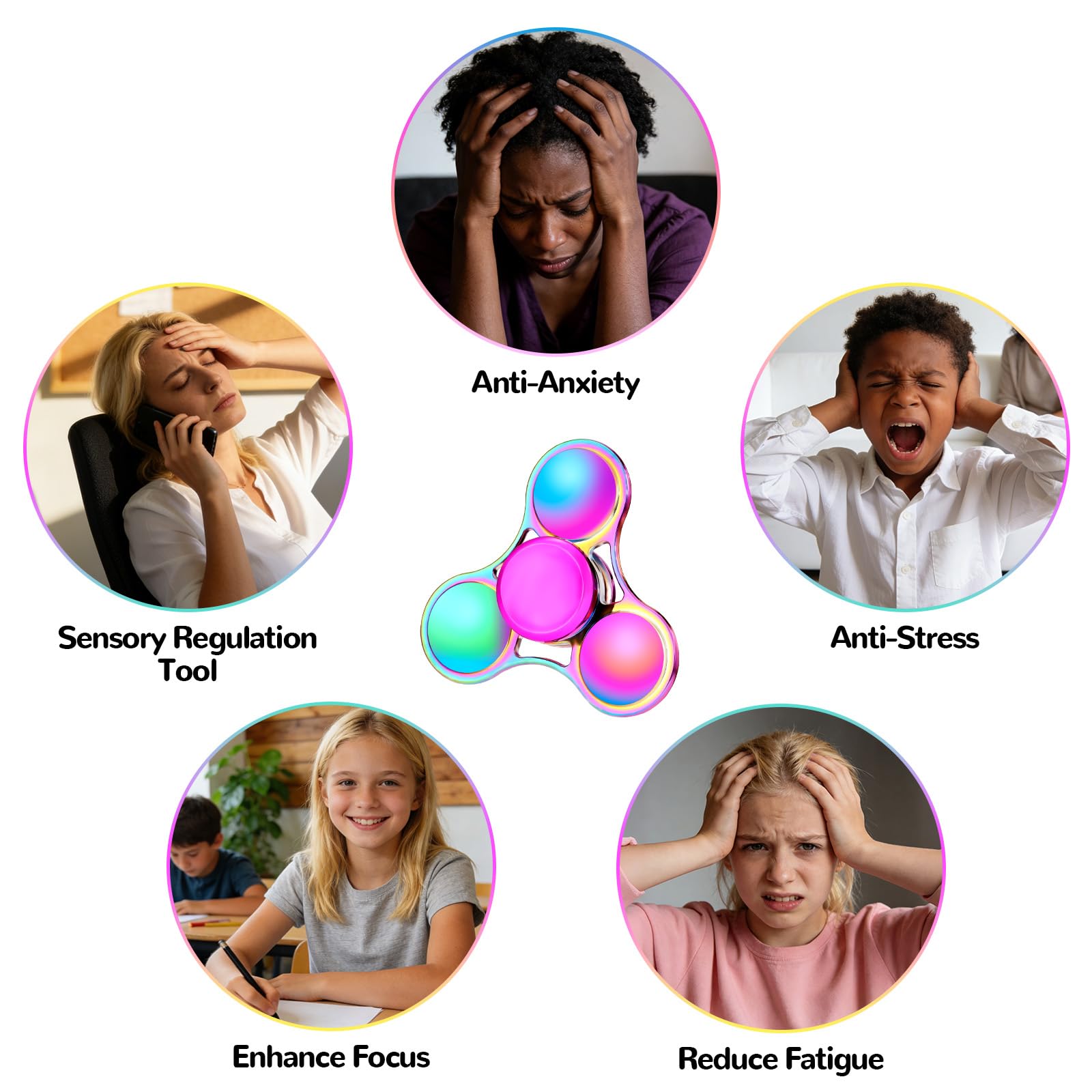 SCIONE 6 Pezzi Set di Fidget Spinner in Metallo – Giocattoli Sensoriali Lisci e Durevoli per Alleviare Stress e Ansia, Rotazione di 3-5 Minuti, per Bambini e Adulti (Colori Arcobaleno)