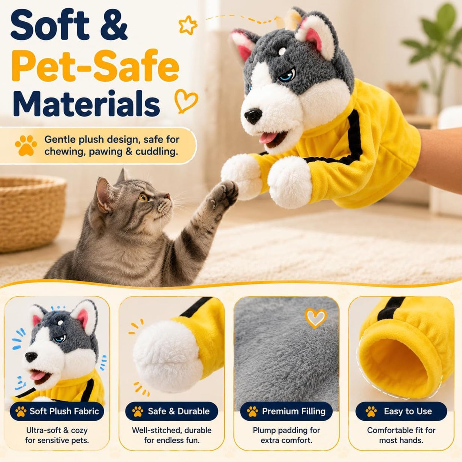 Punzonare la marionetta a mano con animale con suono (8pcs) | Giocattolo interattivo di dinosauro squalo Husky da boxe, burattino da Kung Fu per cani e gatti di piccola taglia