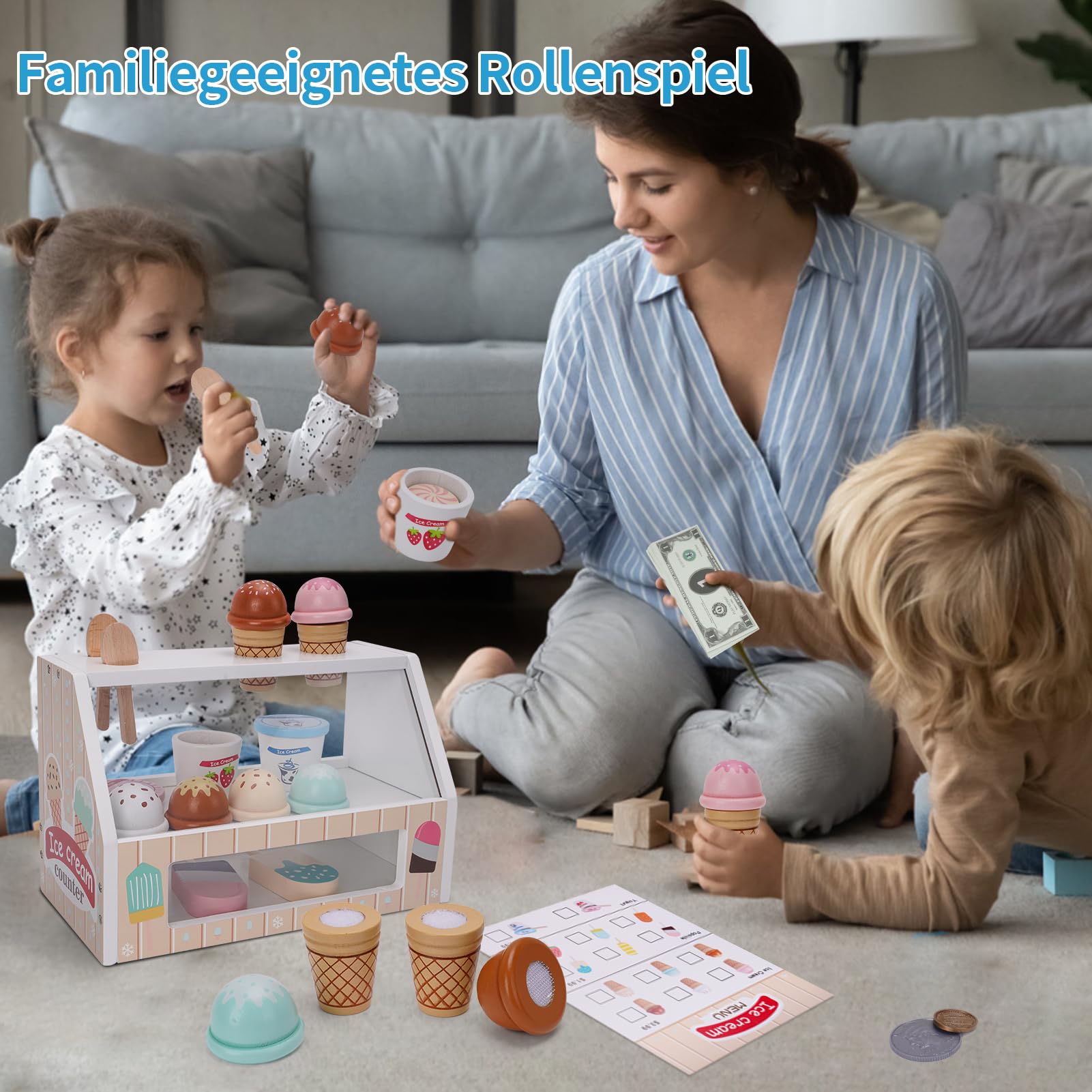 Eisdiele Kinder Holz, Kinderküche Zubehör ab 3 Jahre, Holzspielzeug Spielküche Zubehör, Eisladen Kinder Holz Einkaufsladen, Montessori Spielzeug Weihnachten Kinderspielzeug für Jungen Mädchen