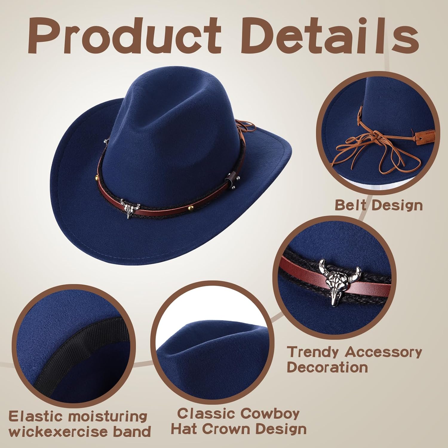 Foaincore 4 Pcs Cowboy Hat for Women Men Western Cowboy Cowgirl Hat with Belt Buckle Wide Brim Travel Cap for Halloween - Image 3