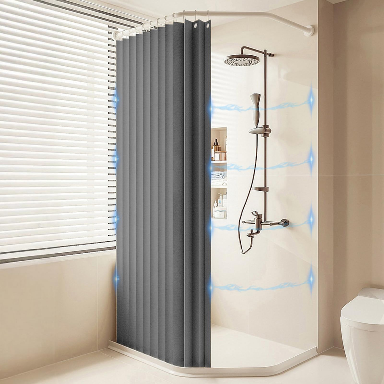 Cortina de ducha plegable impermeable con ganchos, cortina de esquina de tela resistente al moho con imanes, lavable a máquina, cortinas de ducha de baño 280 g/m², gris, 80 x 200 cm