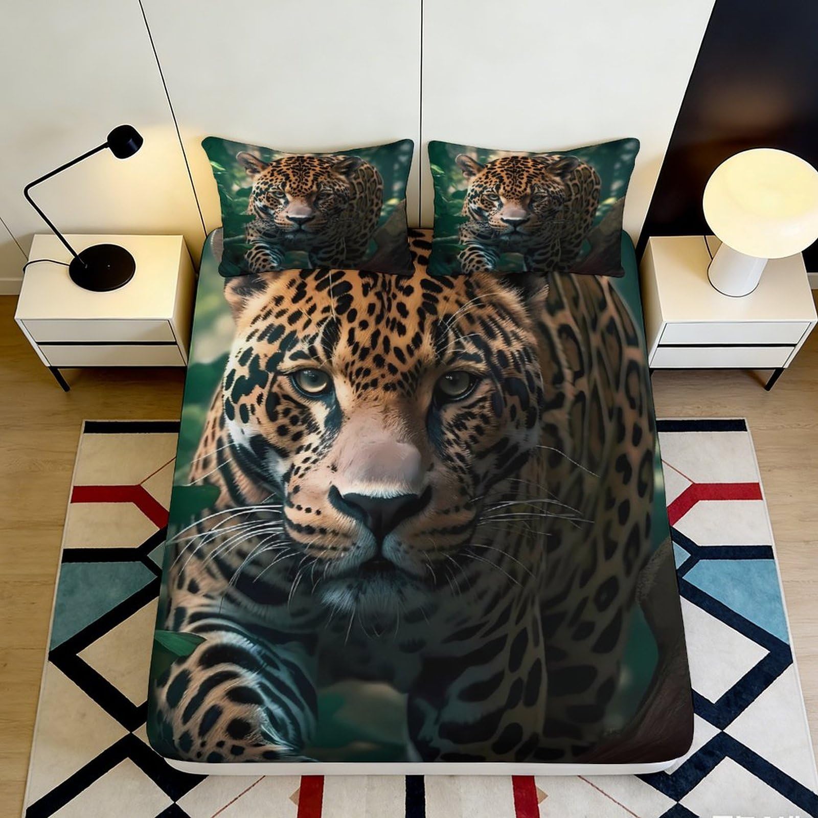 3D Printed Jaguar Pattern Fitted Sheet Microfiber Durable Soft 3D Leopard Mattress Cover for Bedroom Dormitory Guest Room Protection 200x200x25cm