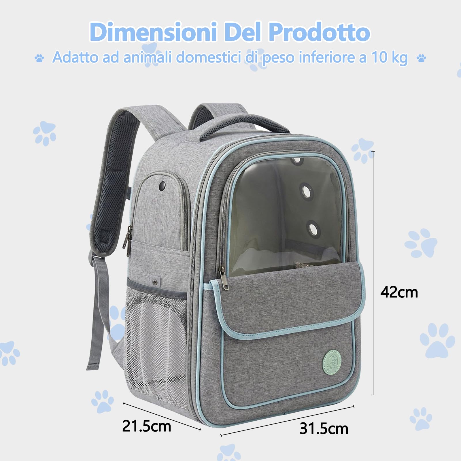 Galatée Zaino Per Animali Domestici, In Tessuto Oxford Traspirante Per Cani e Gatti, Con Pannello Trasparente Per Ridurre l'Ansia, Pieghevole e Capiente, Con Aperture Frontali e Laterali (Grigio)
