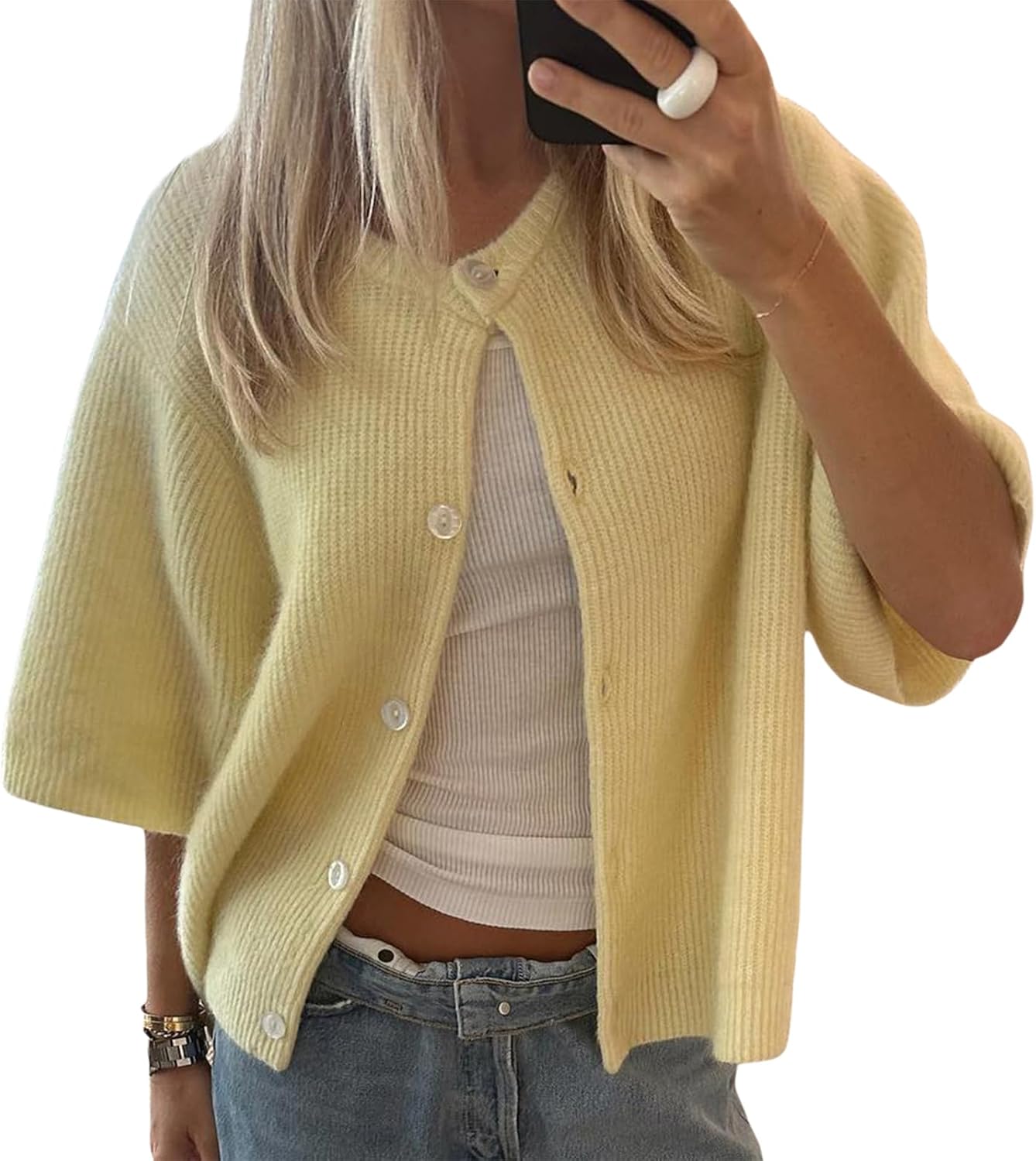 Women Short Sleeve Cropped Cardigan Crew Neck Button Down Ribbed Knitted Pullover Sweaters Y2K Going Out Sweater